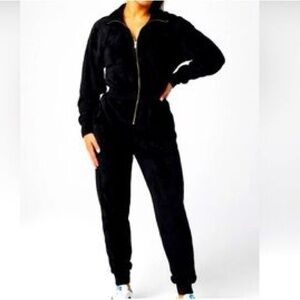 Fabletics Cozy Cord Zip Onesie in Black Zip-Up.Size Large